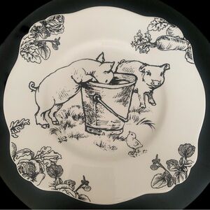 Barnyard Toile Square Plate E Trostl Pigs with Chick Ceramic Farmhouse Cottage